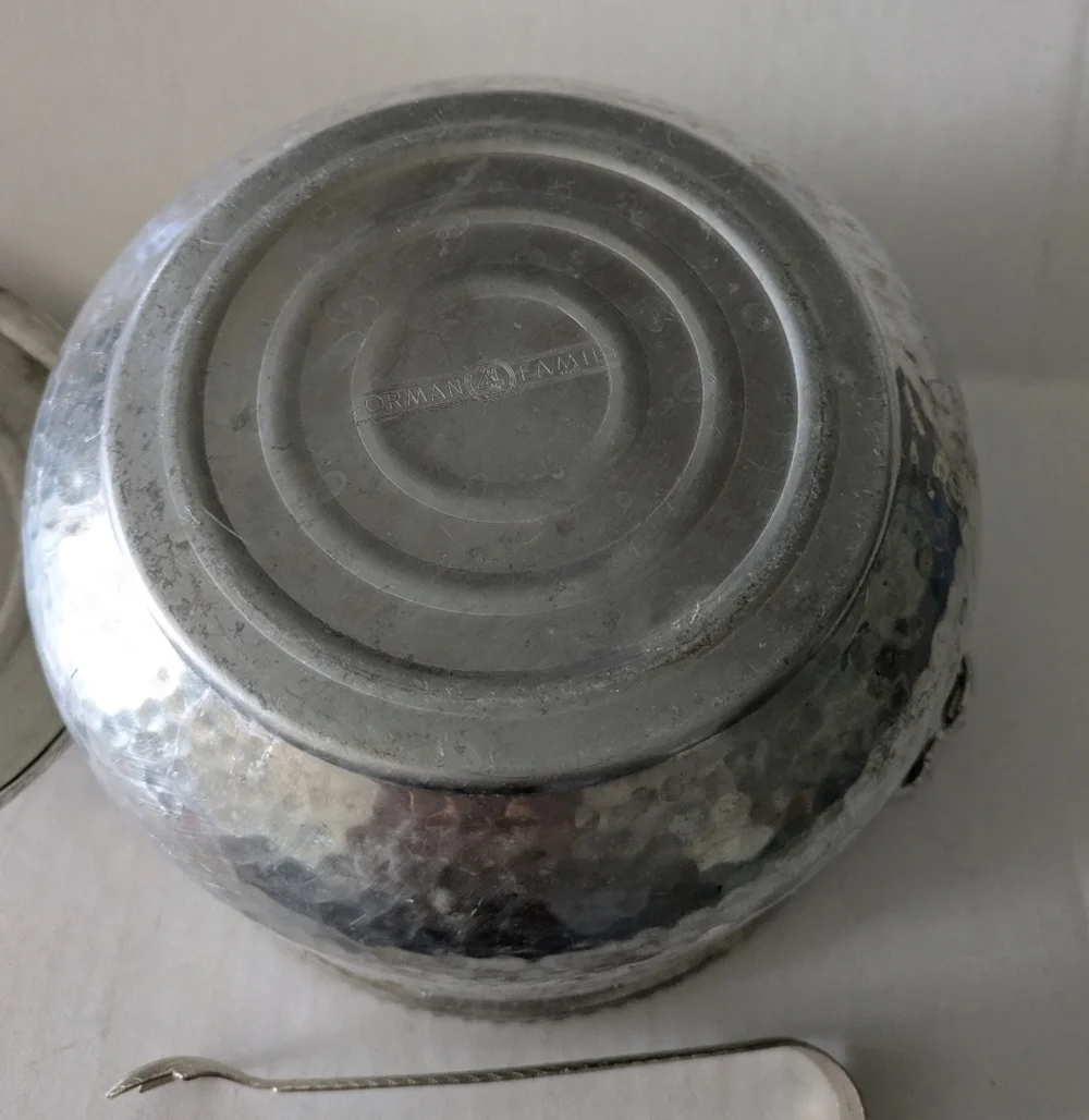 Vintage Hammered Aluminum Ice Bucket & Tong.Underside Of Lid Has Cocktail Recipe